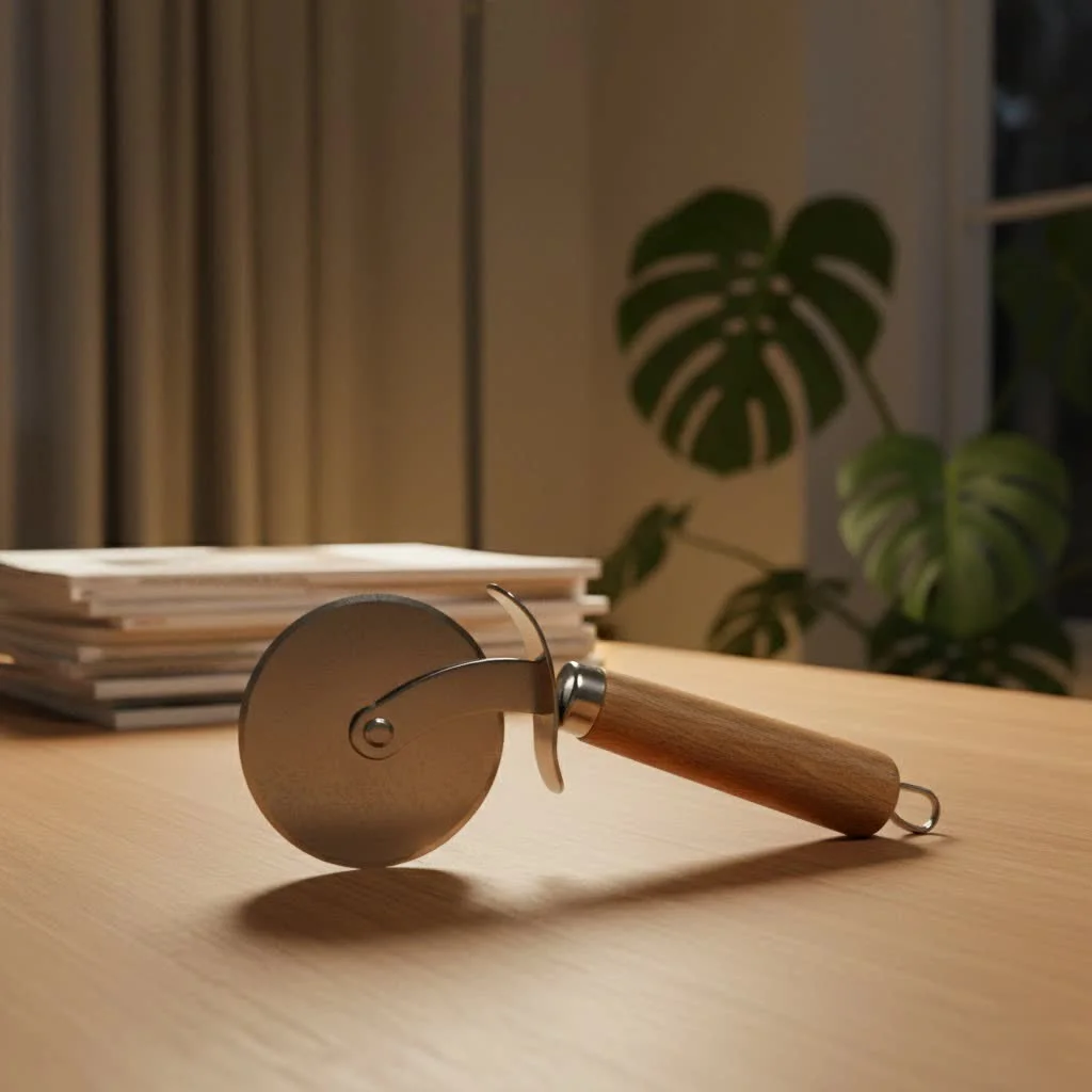 Pizza cutter rocker with a long, curved blade