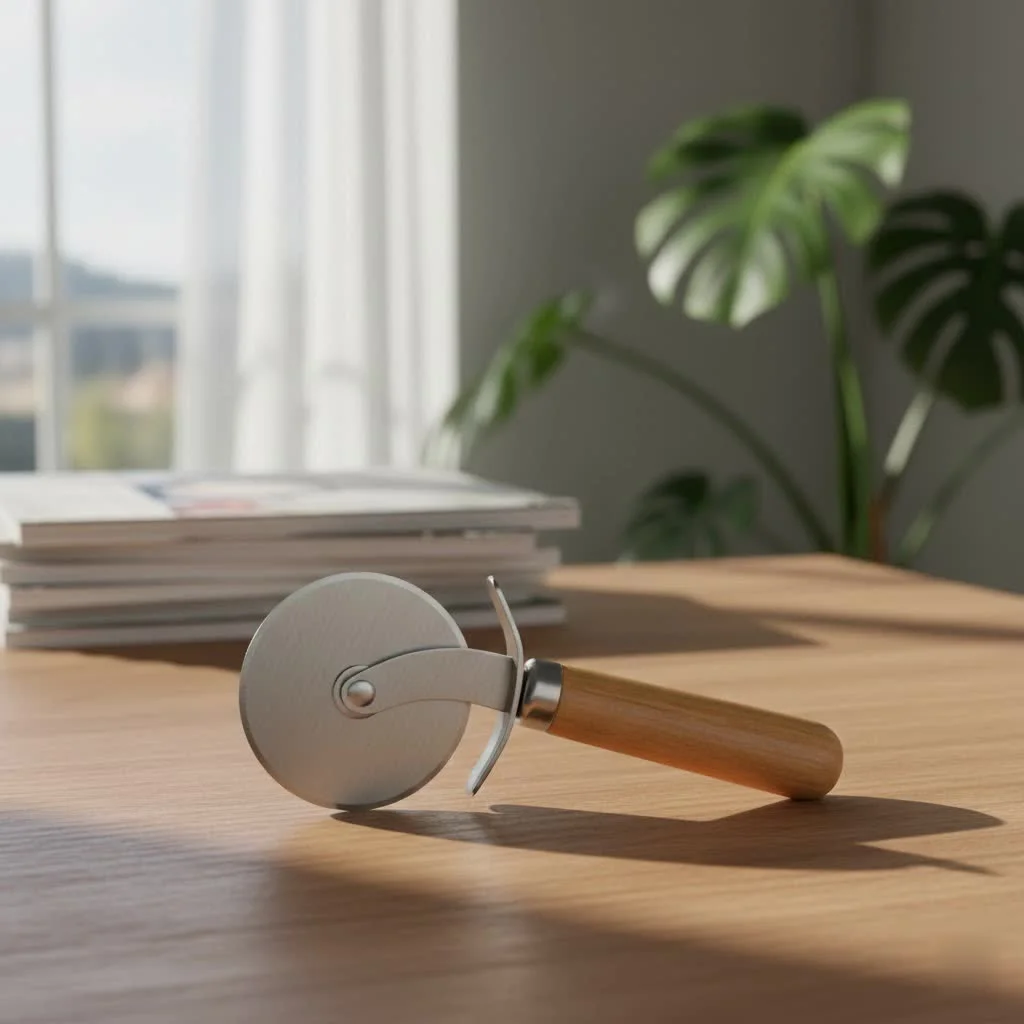 Heavy duty pizza cutter slicing a pizza