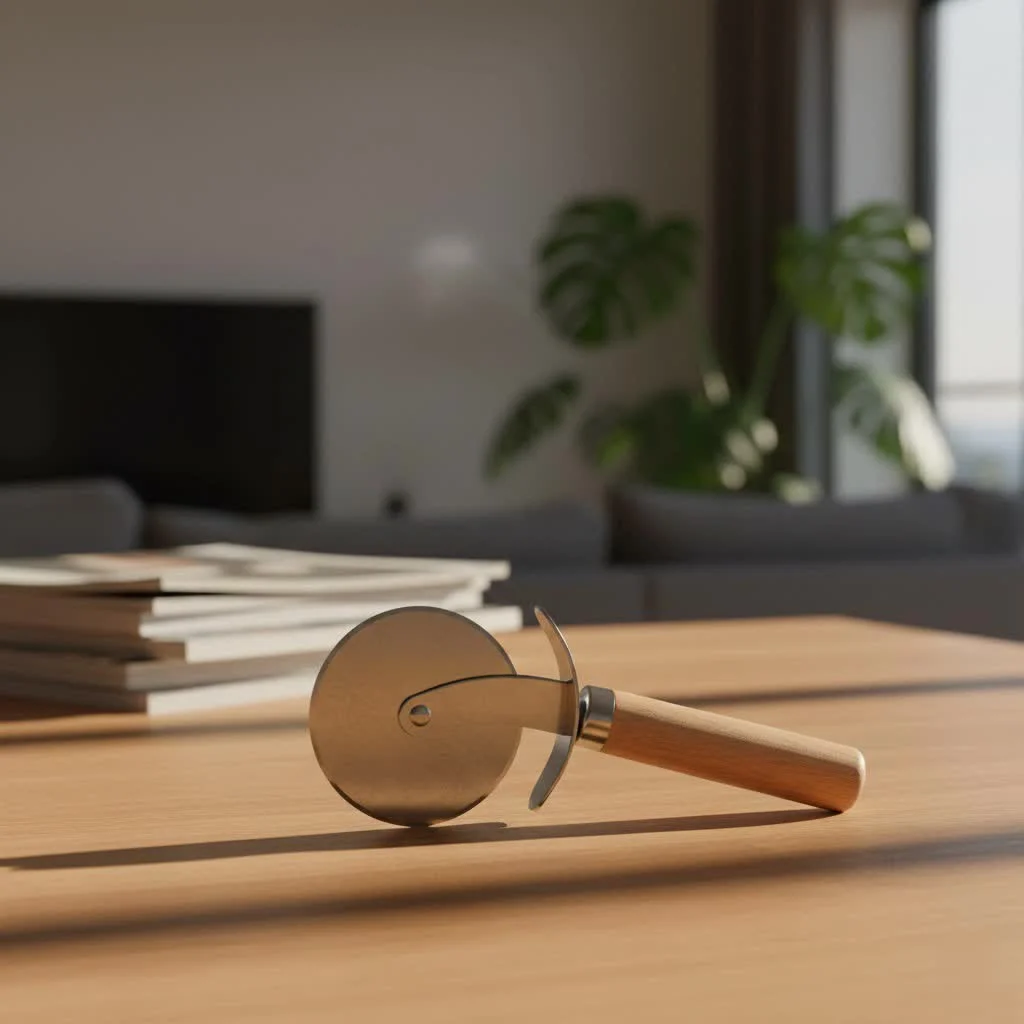 Sharp pizza cutter slicing a pizza