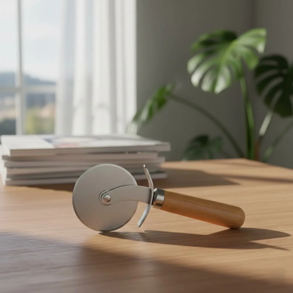 Stainless steel pizza rocker cutter on a pizza