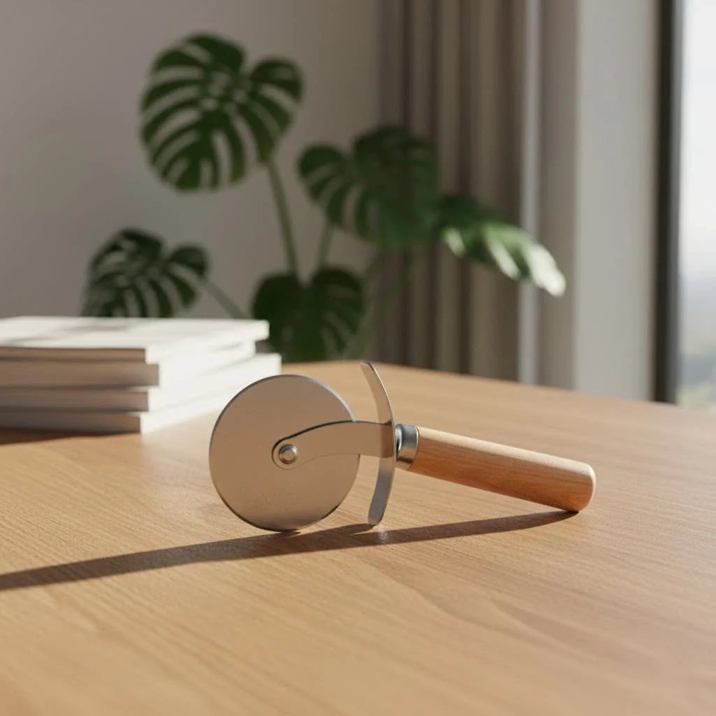 Pizza cutter with wooden handle on a pizza
