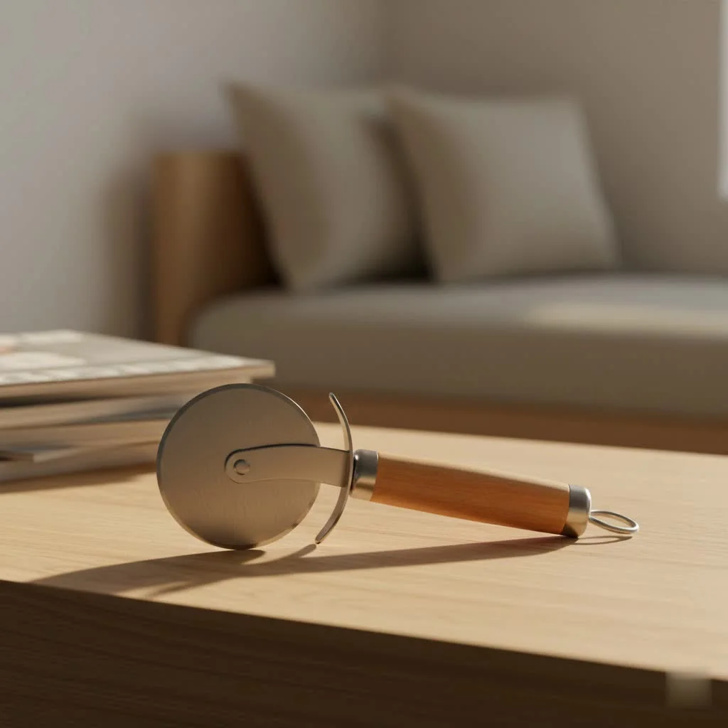 Wood handle pizza cutter on a wooden board