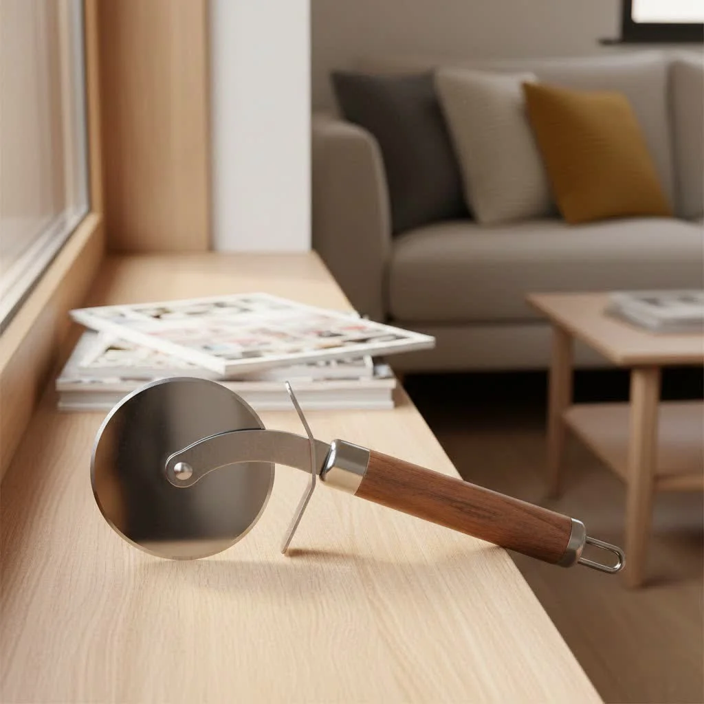 Person using a wheel pizza cutter with a snap-on blade